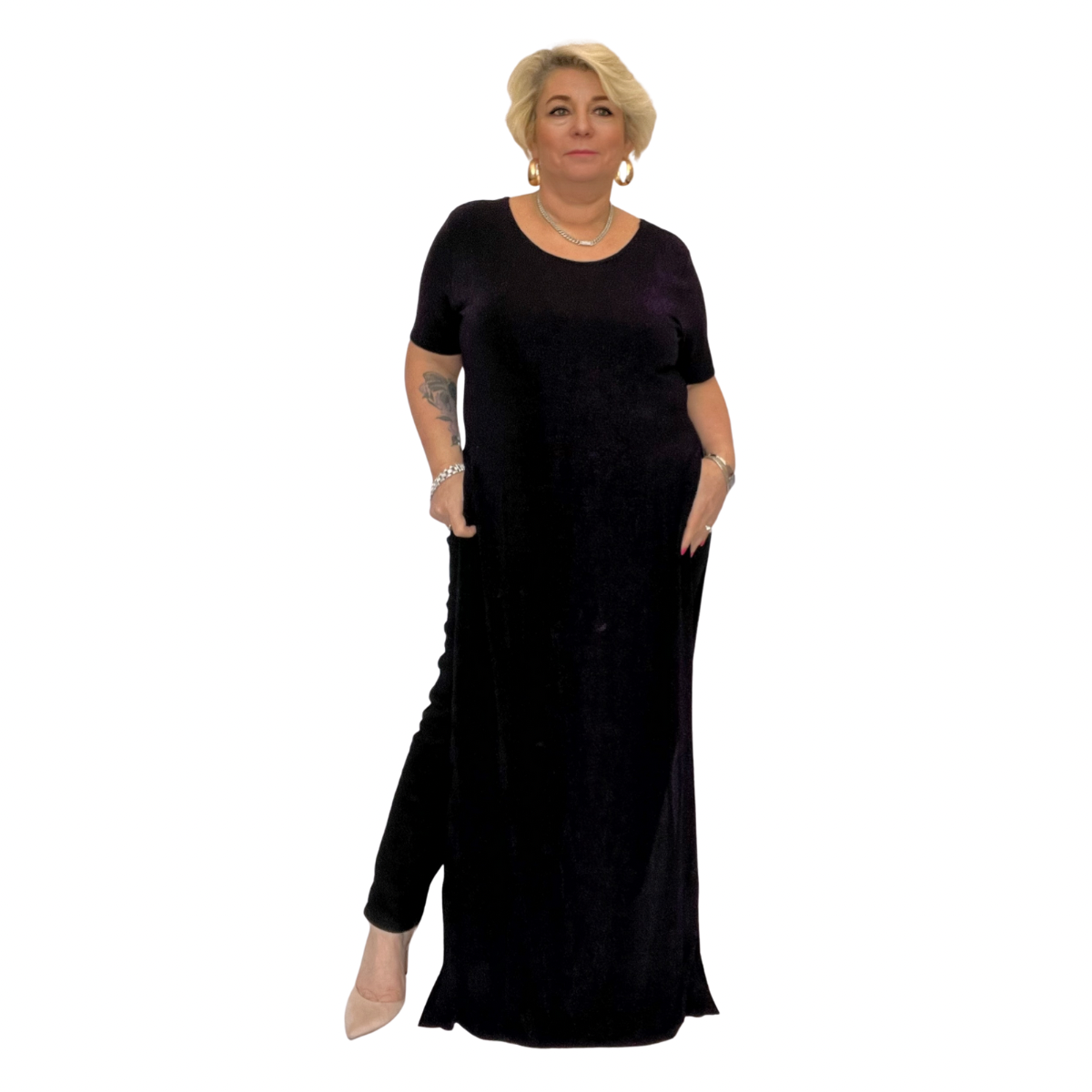 SPARKLY FULL LENGTH SPLIT SIDE SHORT SLEEVE MAXI TOP