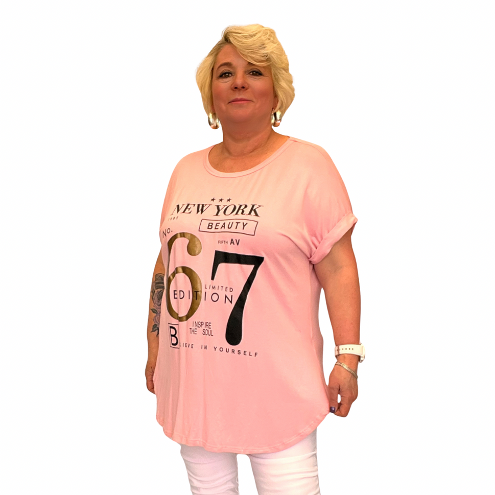 ROCKTHOSECURVES NEW YORK 67 DIPPED HEM LONG T-SHIRTPink / UK 14