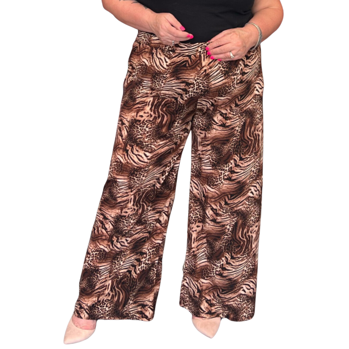 ROCKTHOSECURVES FINE LEOPARD ELASTICATED WAIST PALAZZO TROUSERS