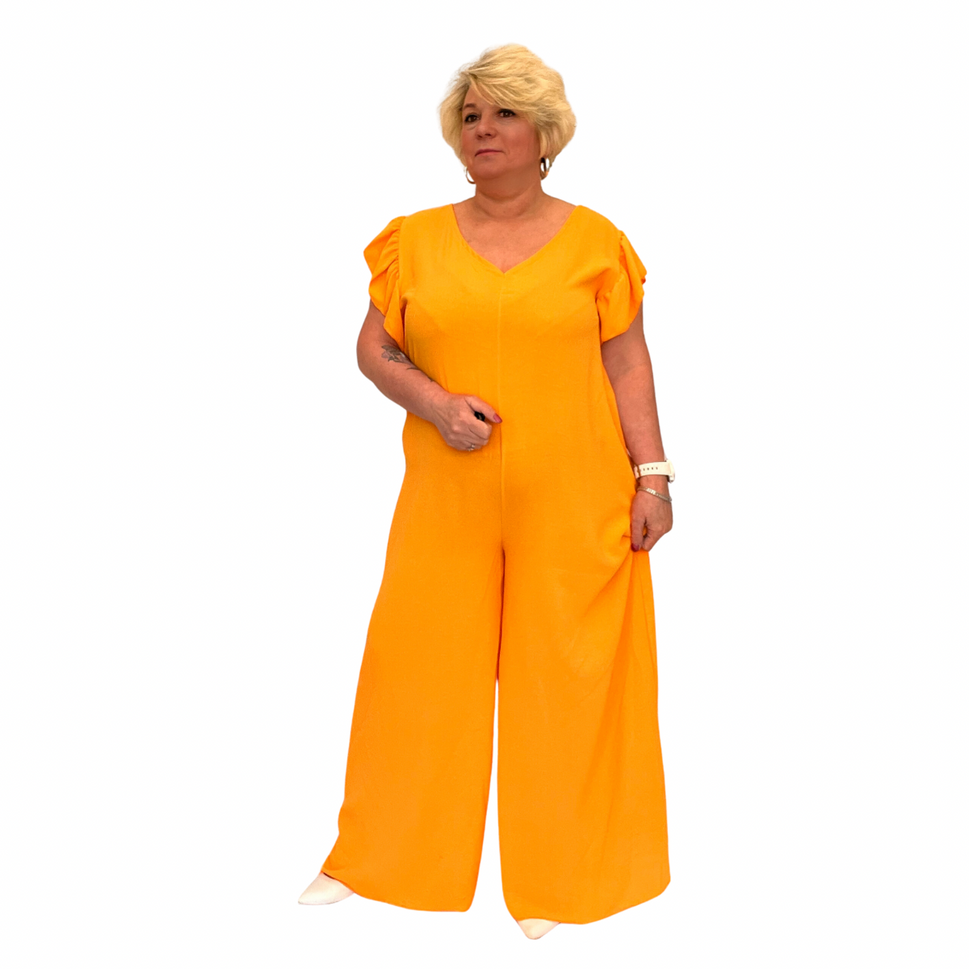 ROCKTHOSECURVES V NECK FRILLED CAP SLEEVE JUMPSUITORANGE / UK 16-18