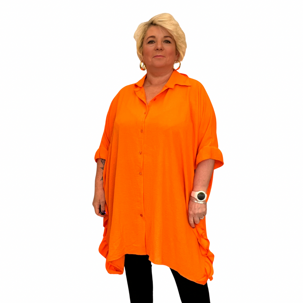 ROCKTHOSECURVES OVERSIZED BUTTON FRONT LONG SHIRT / BLOUSE WITH FRILLED SIDESORANGE / UK 16-18