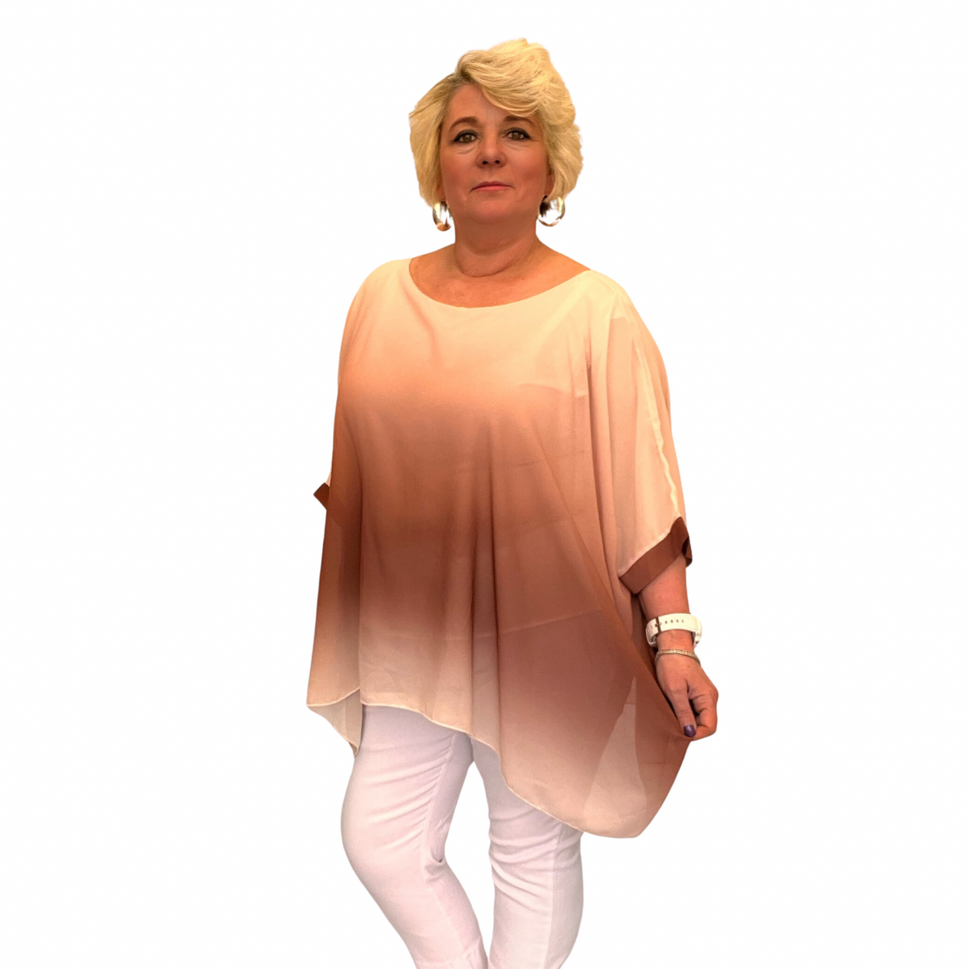 ROCKTHOSECURVES OMBRE CHIFFON OVERSIZED BATWING BLOUSETaupe / Brown / UK 12-14