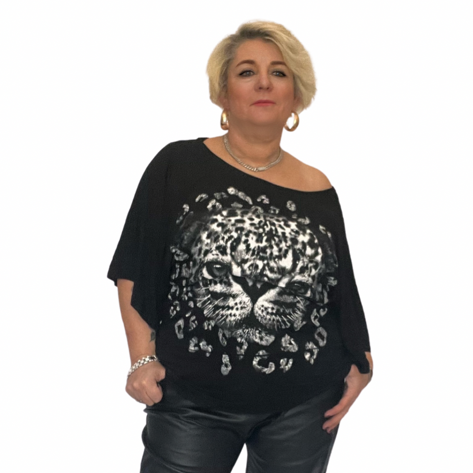 BATWING OVERSIZED TOP OFF SHOULDER SPARKLY LEOPARD PRINTBlack / UK 12-14