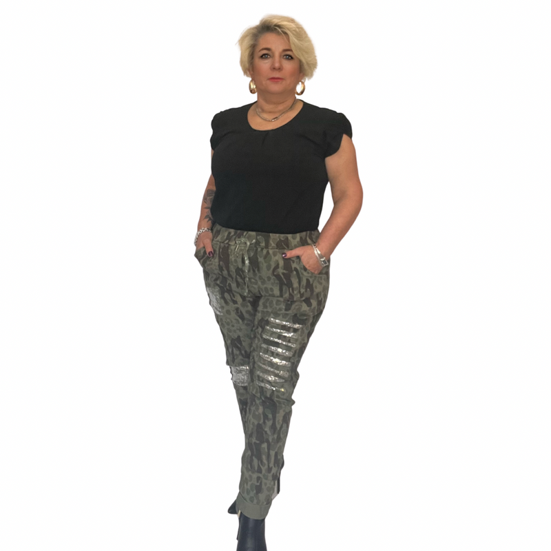 CAMO PRINT SUPER STRETCHY MAGIC TROUSERS WITH SEQUIN PANELS