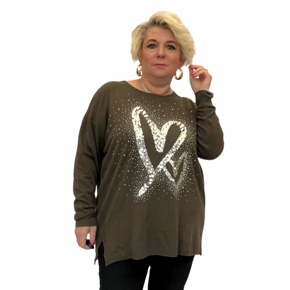 ROCKTHOSECURVES SUPER SOFT LUXURY JUMPER WITH SEQUIN HEARTSKHAKI / UK 16-18