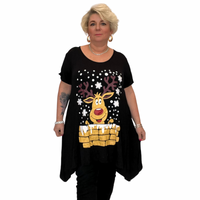 HANKY HEM SHORT SLEEVE LONG TOP WITH CHRISTMAS REINDEER