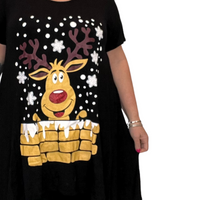 HANKY HEM SHORT SLEEVE LONG TOP WITH CHRISTMAS REINDEER