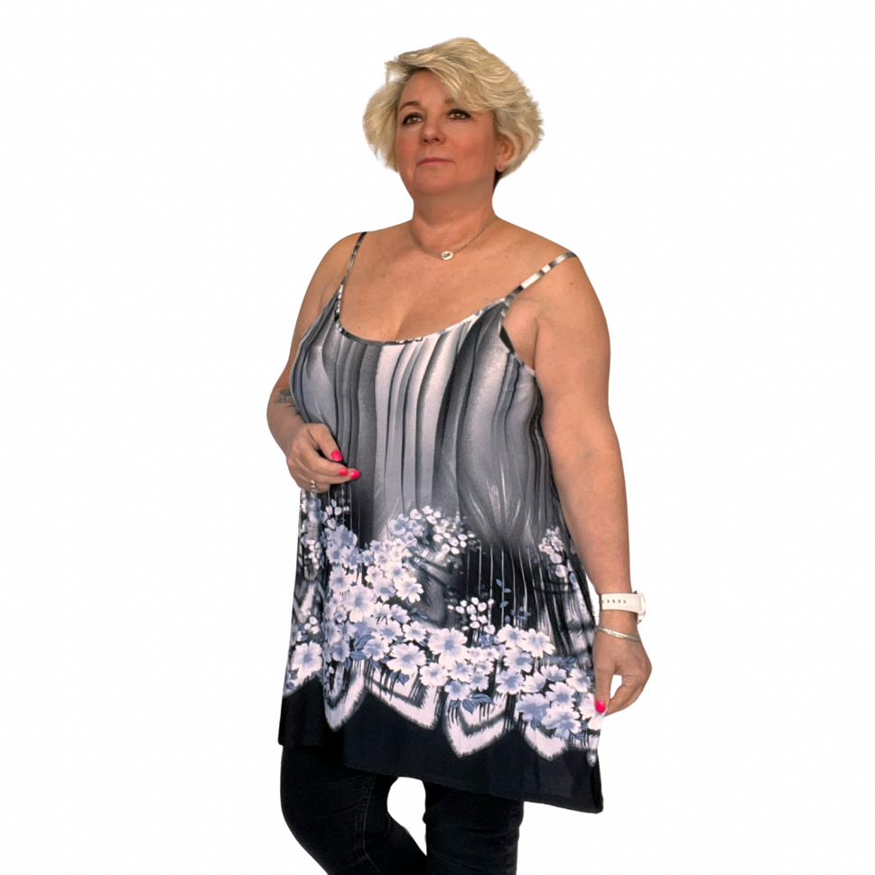 ROCKTHOSECURVES STRAPPY FLORAL CAMI VEST / SWING TOPBlack Grey White / UK 14