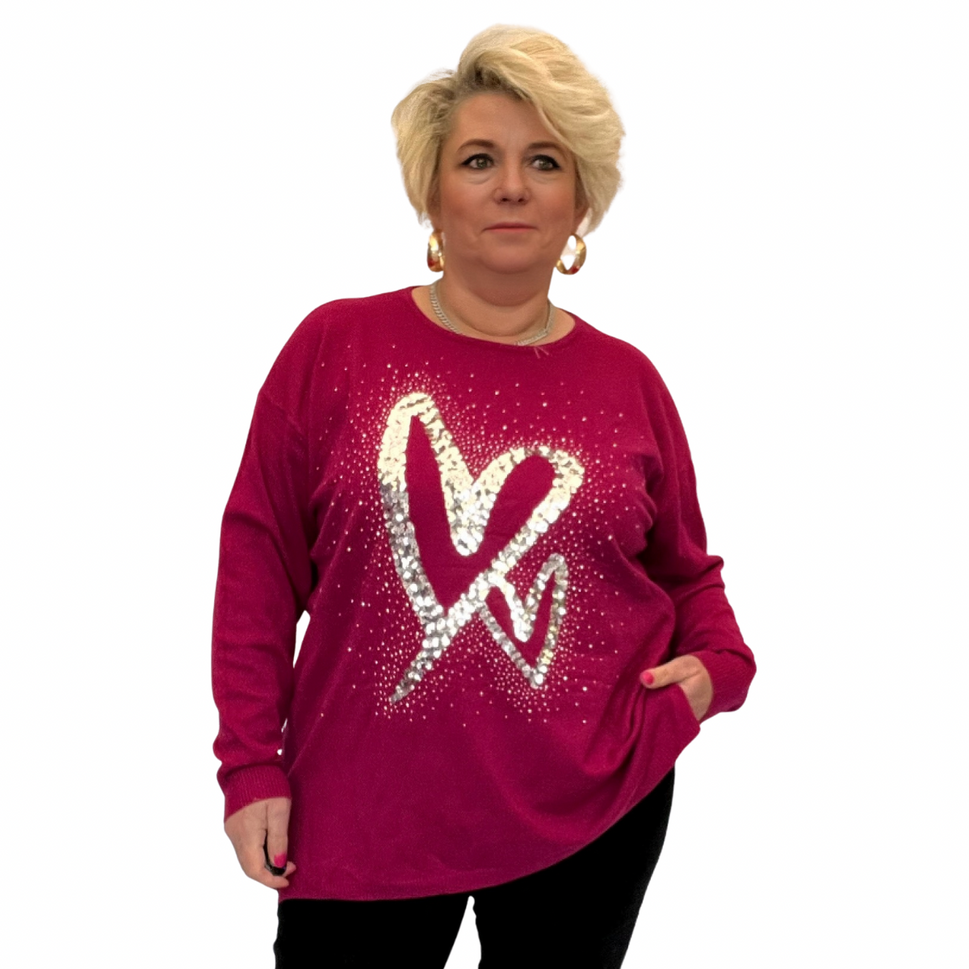 ROCKTHOSECURVES SUPER SOFT LUXURY JUMPER WITH SEQUIN HEARTSMAGENTA / UK 16-18