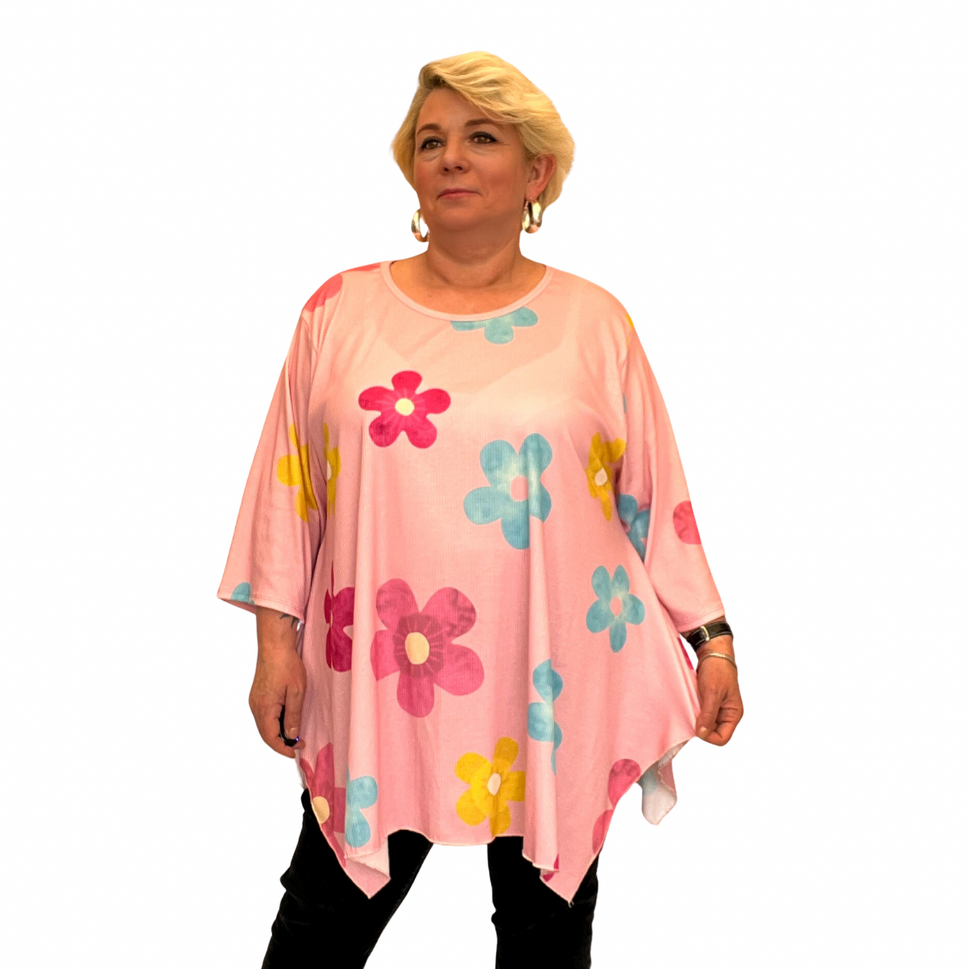 ROCKTHOSECURVES LARGE FLOWER HANKY HEM LONG SLEEVE TOPPINK / UK 16-18