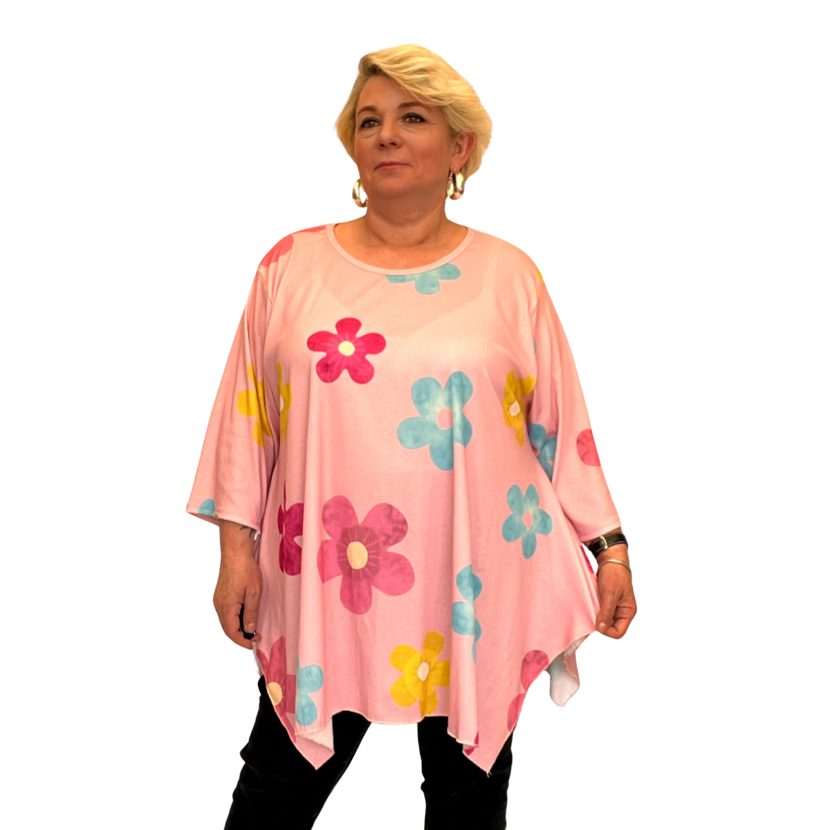 ROCKTHOSECURVES LARGE FLOWER HANKY HEM LONG SLEEVE TOP