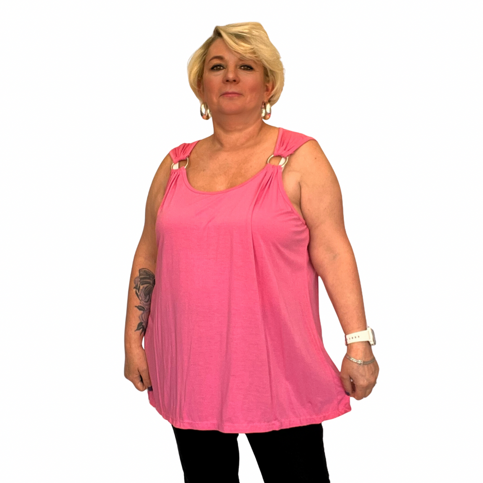 LONGER LENGTH VEST TOP WITH SILVER RING SHOULDER DETAILPink / UK 14-16