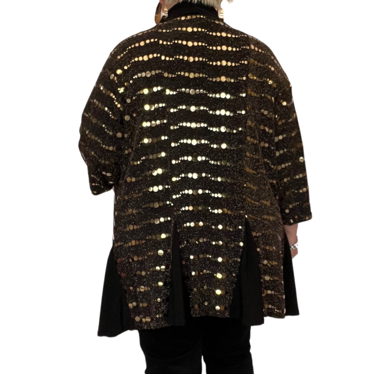 OPEN FRONT LARGE SEQUIN PARTY EVENING JACKET WITH FLARED PANELS