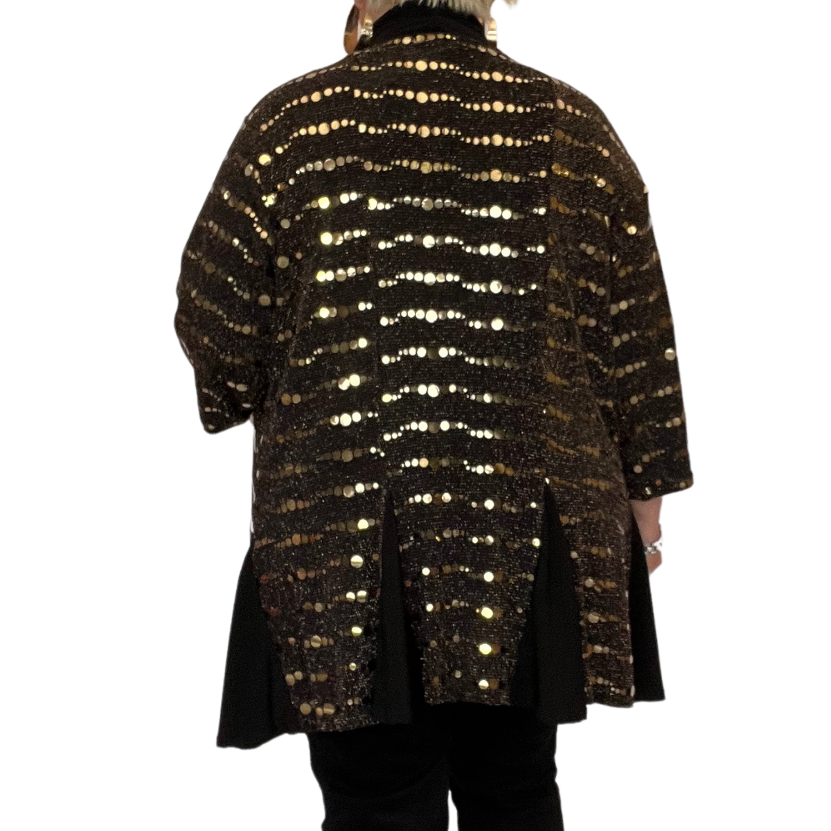 OPEN FRONT SEQUIN JACKET WITH FLARED PANELS