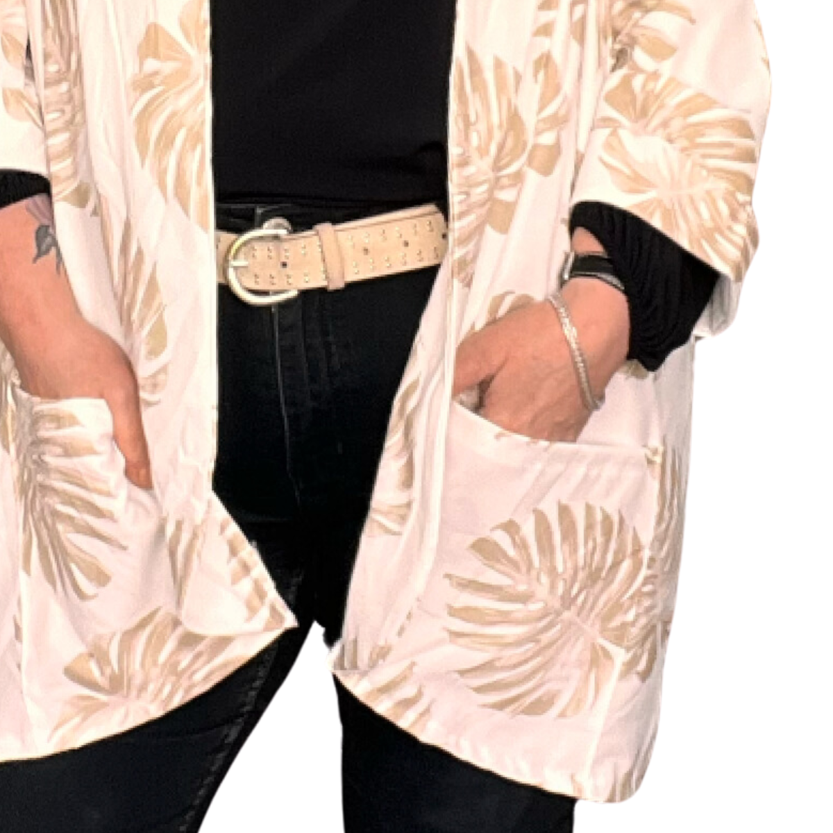 ROCKTHOSECURVES OPEN FRONT LOOSE FITTING LEAF PRINT JACKET WITH POCKETS