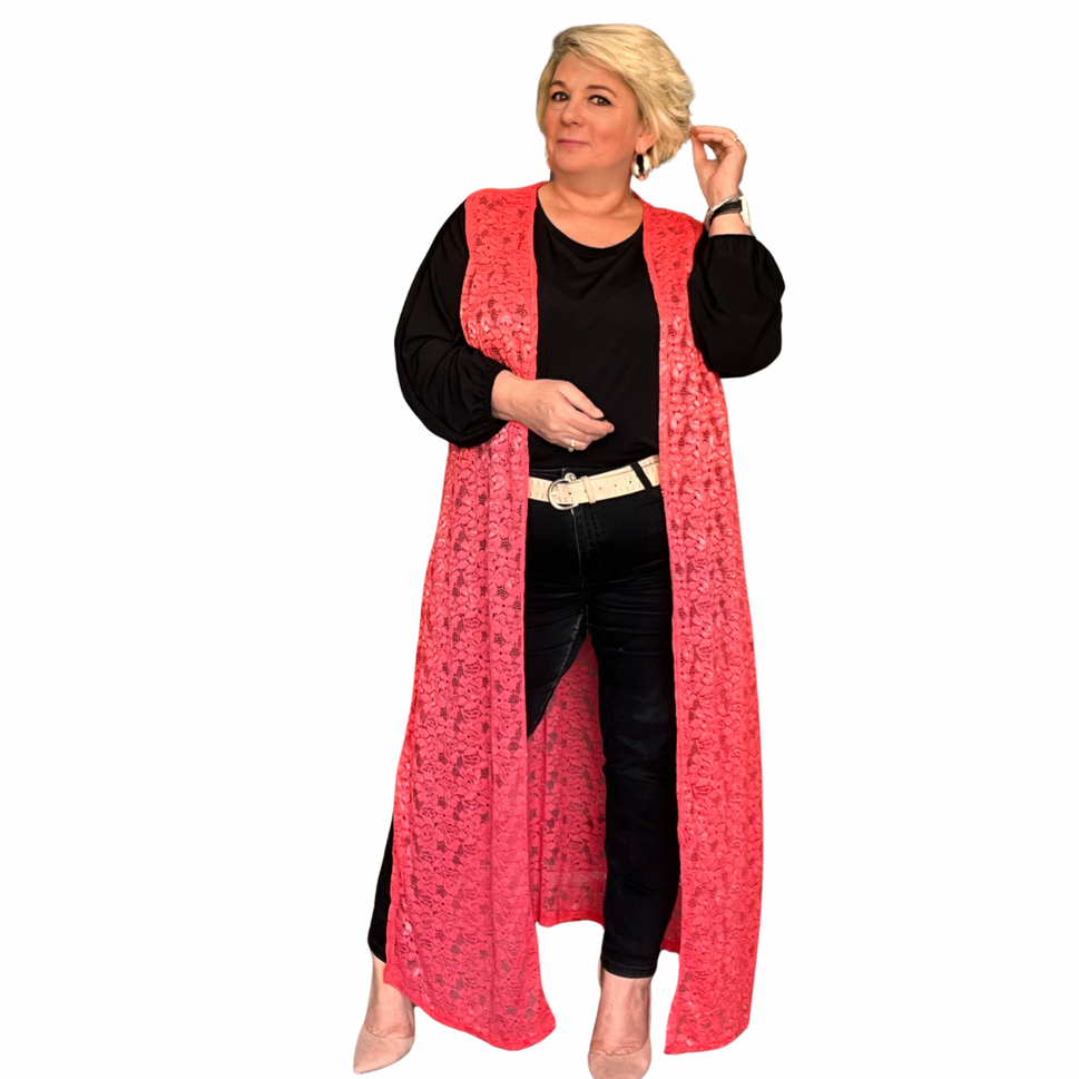 ROCKTHOSECURVES SLEEVELESS LACE OPEN FRONT DUSTER JACKETCoral / UK 14