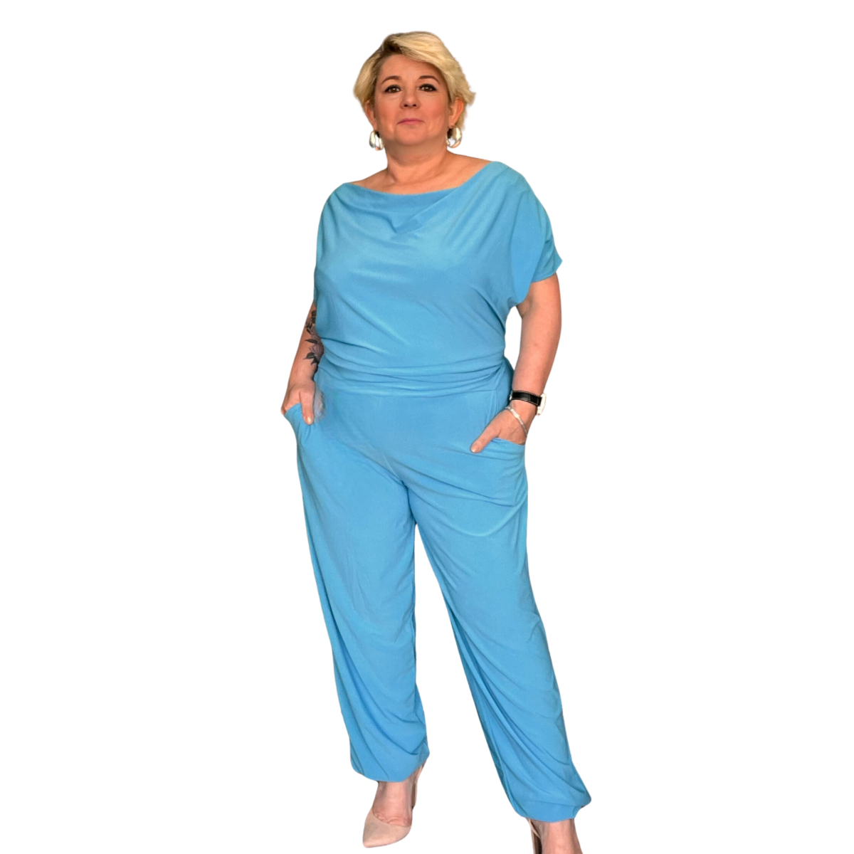 PLAIN COWL NECK JUMPSUIT WITH SIDE POCKETS