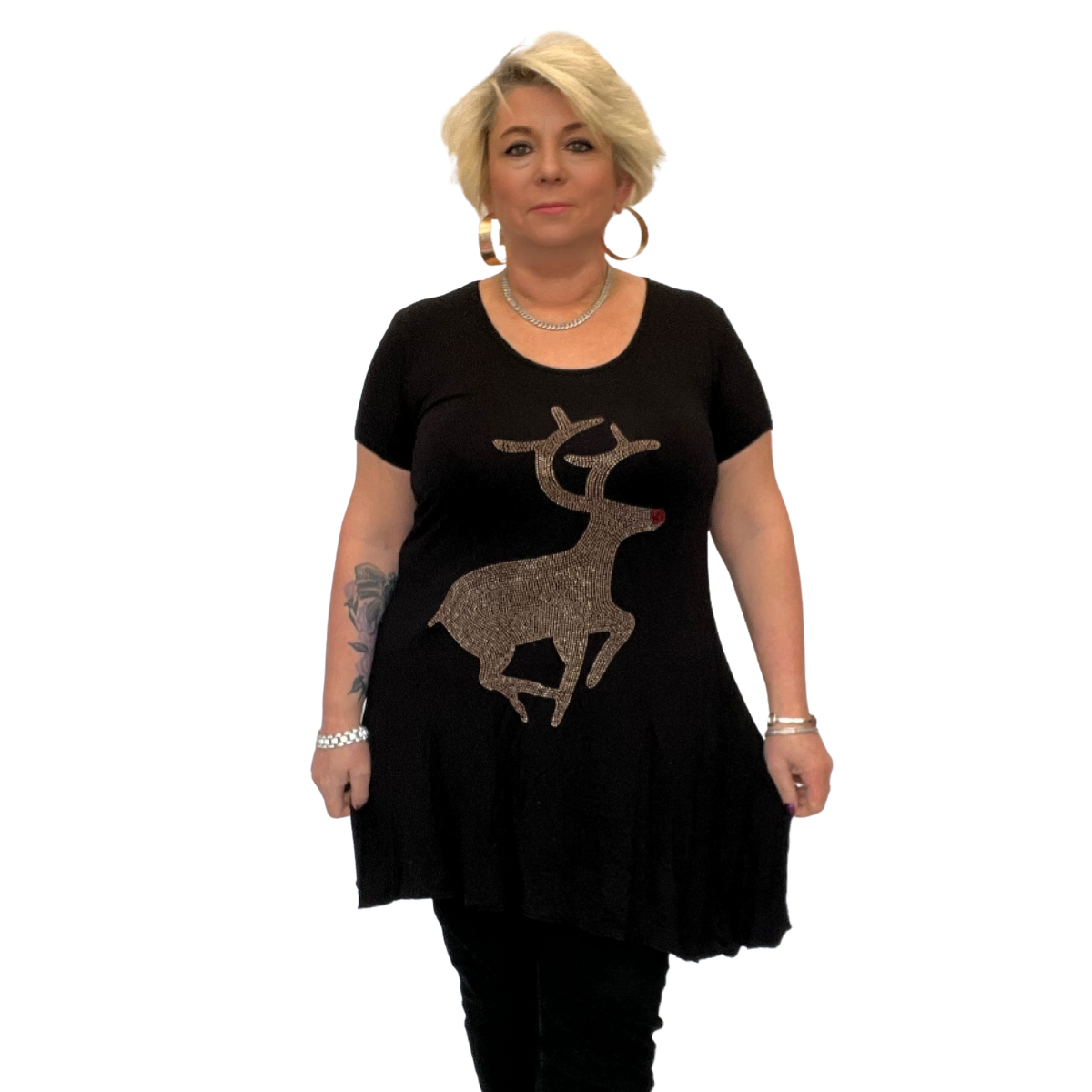 SHORT SLEEVE STUDDED REINDEER CHRISTMAS LONG TOP