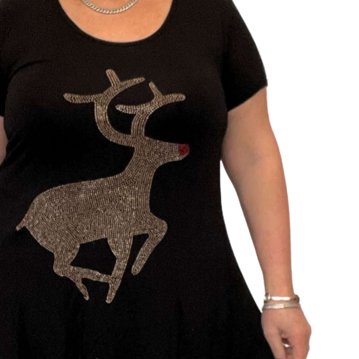 SHORT SLEEVE STUDDED REINDEER CHRISTMAS LONG TOP