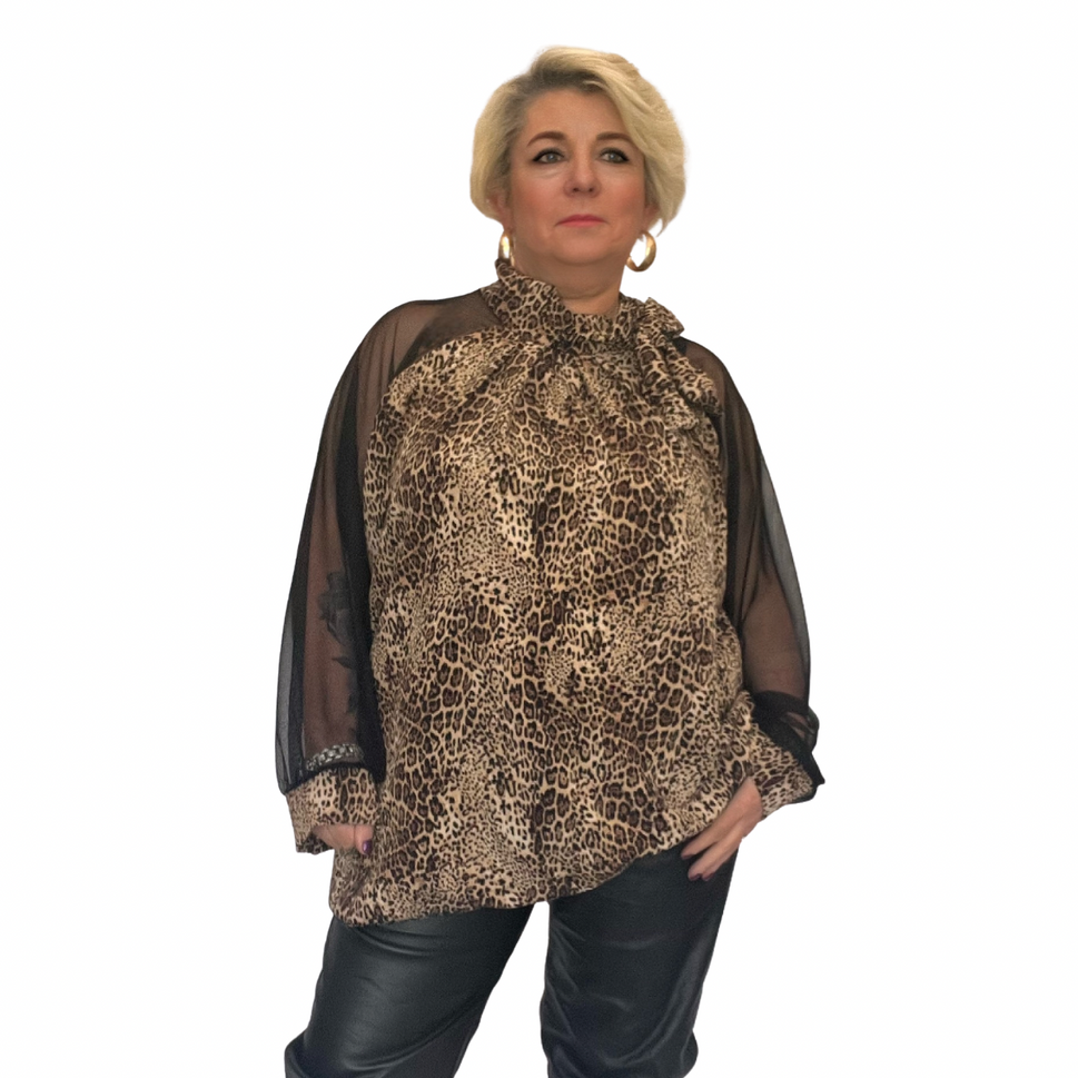 CHIFFON SLEEVE BLOUSE WITH PRETTY SIDE NECK TIEBROWN CHEETAH / UK 16-18