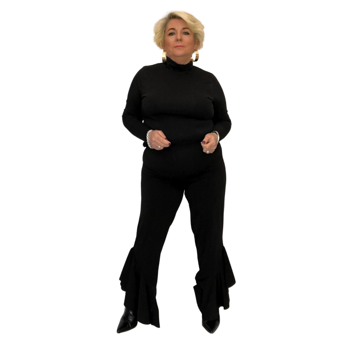 ROCKTHOSECURVES BLACK FITTED HIGH WAIST TROUSERS WITH FRILLED HEM