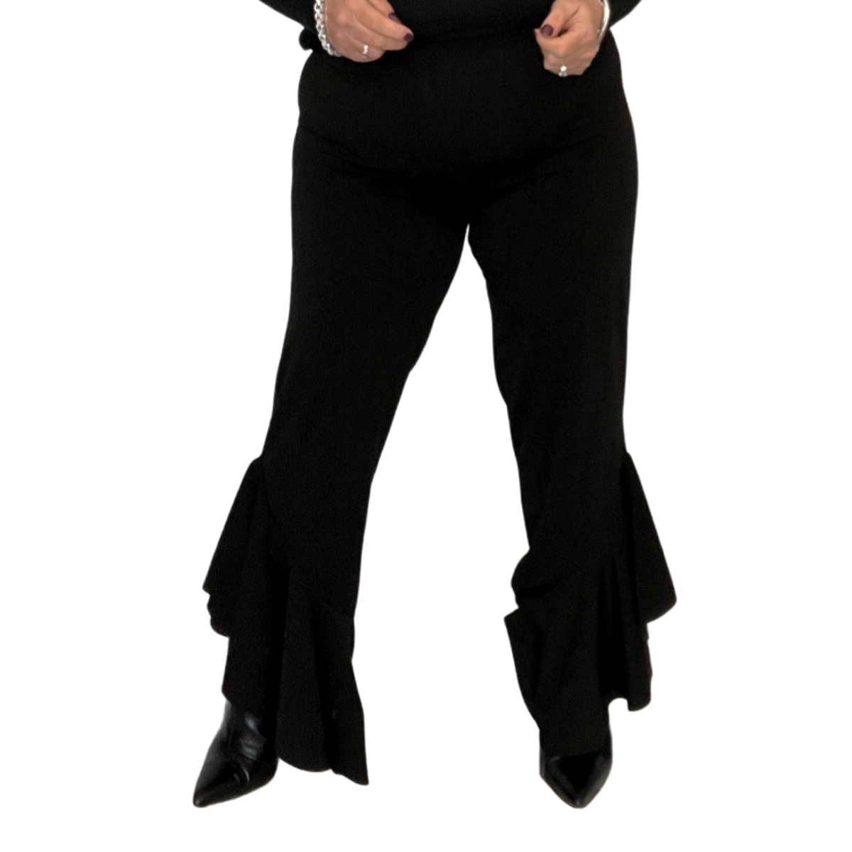 ROCKTHOSECURVES BLACK FITTED HIGH WAIST TROUSERS WITH FRILLED HEM