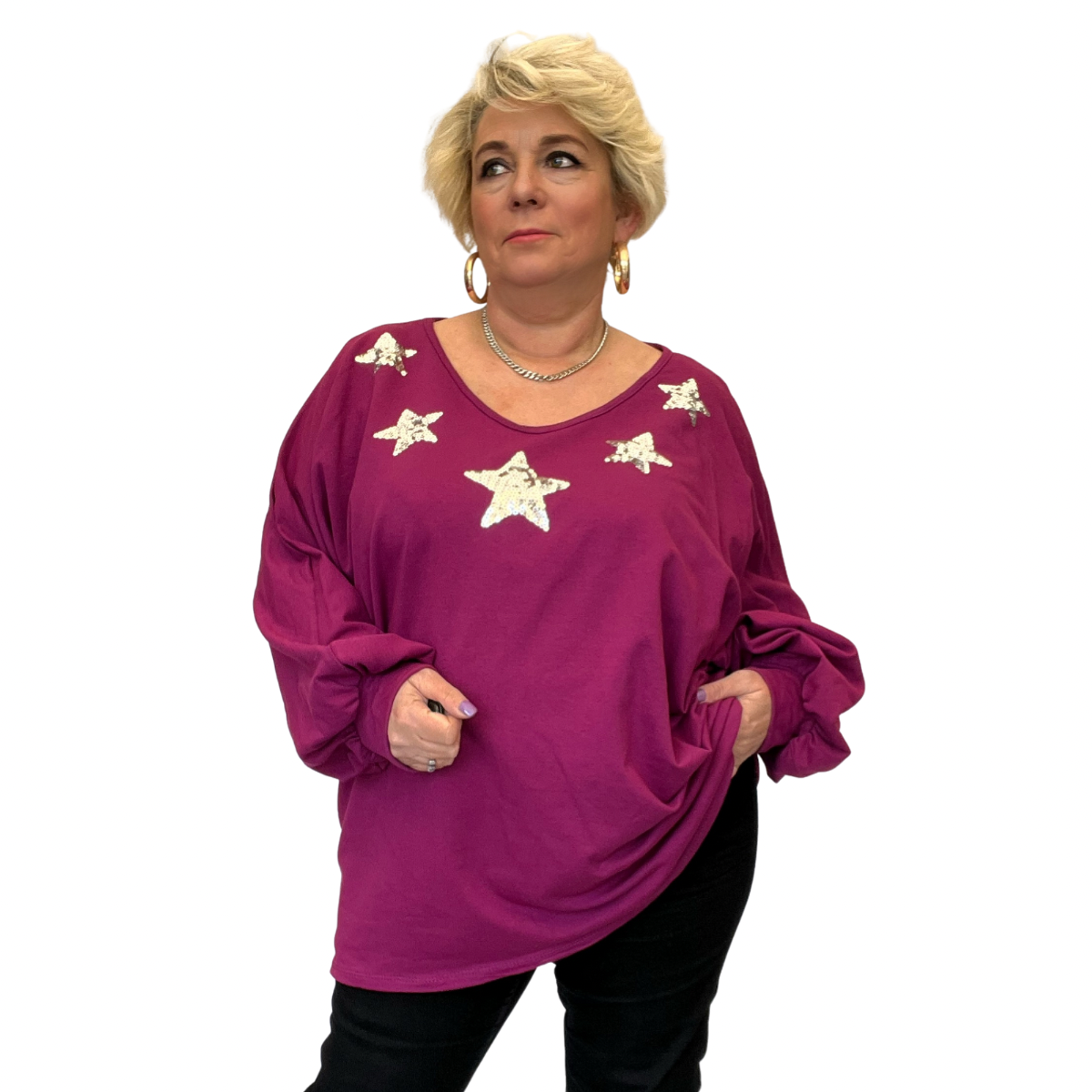 V NECK LONG SLEEVE BATWING TOP WITH SEQUIN STARS