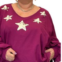 V NECK LONG SLEEVE BATWING TOP WITH SEQUIN STARS