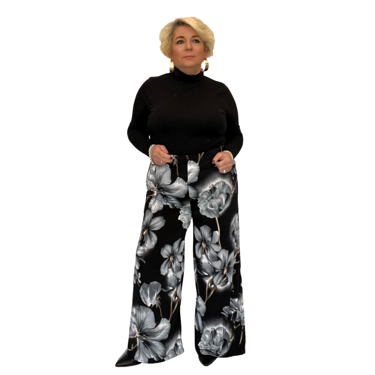 LARGE FLOWER PRINT WIDE LEG HIGH RISE PALAZZO TROUSERS