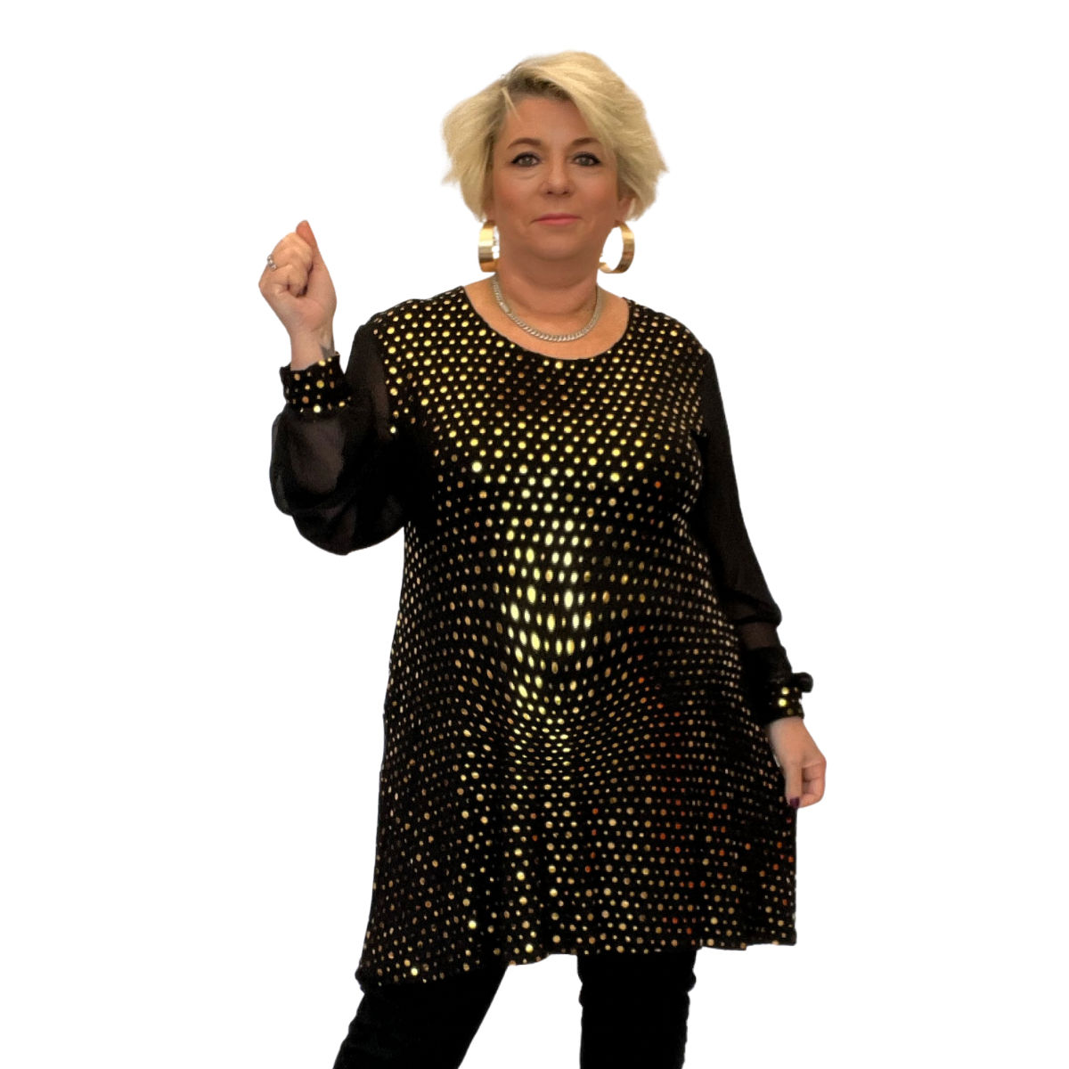 ROCKTHOSECURVES BLACK CHIFFON SLEEVE LONG TOP WITH GOLD FOIL SEQUINS