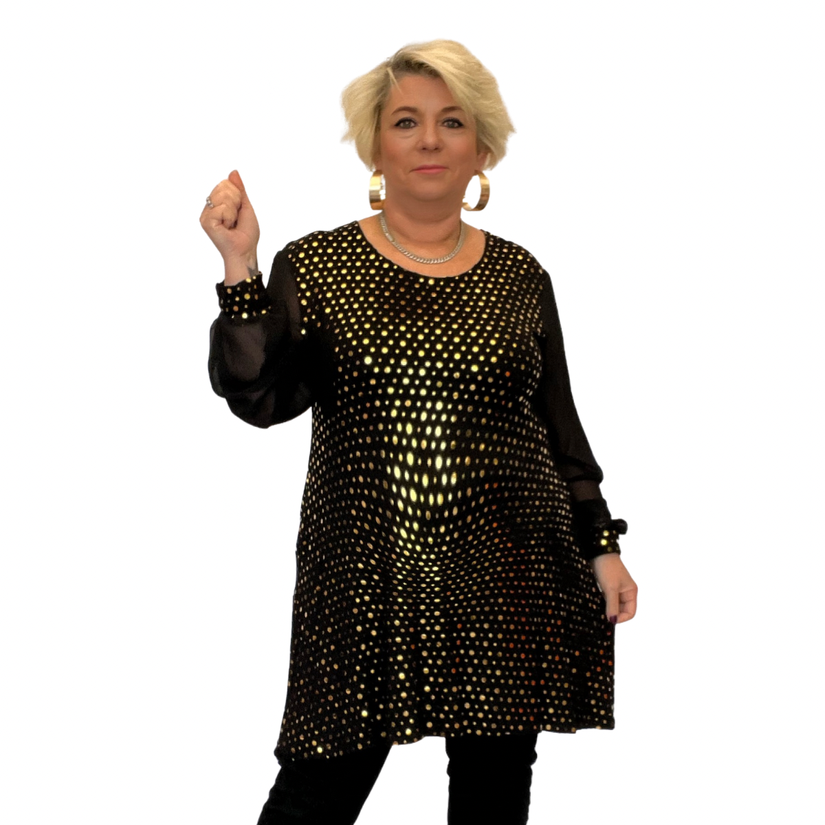 BLACK CHIFFON SLEEVE LONG TOP WITH GOLD FOIL SEQUINS