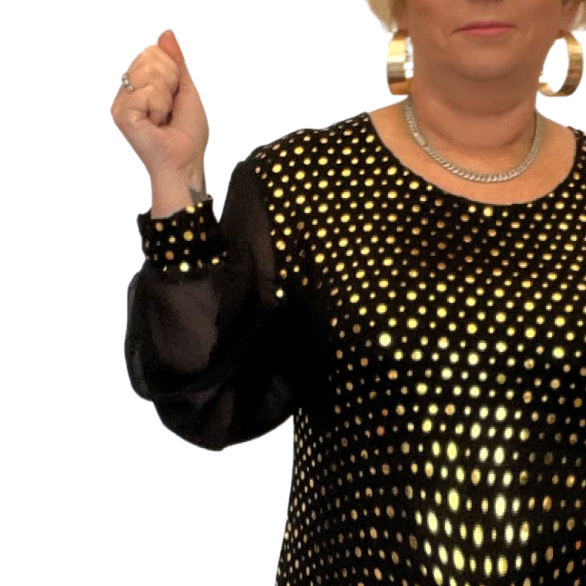 BLACK CHIFFON SLEEVE LONG TOP WITH GOLD FOIL SEQUINS rockthosecurves