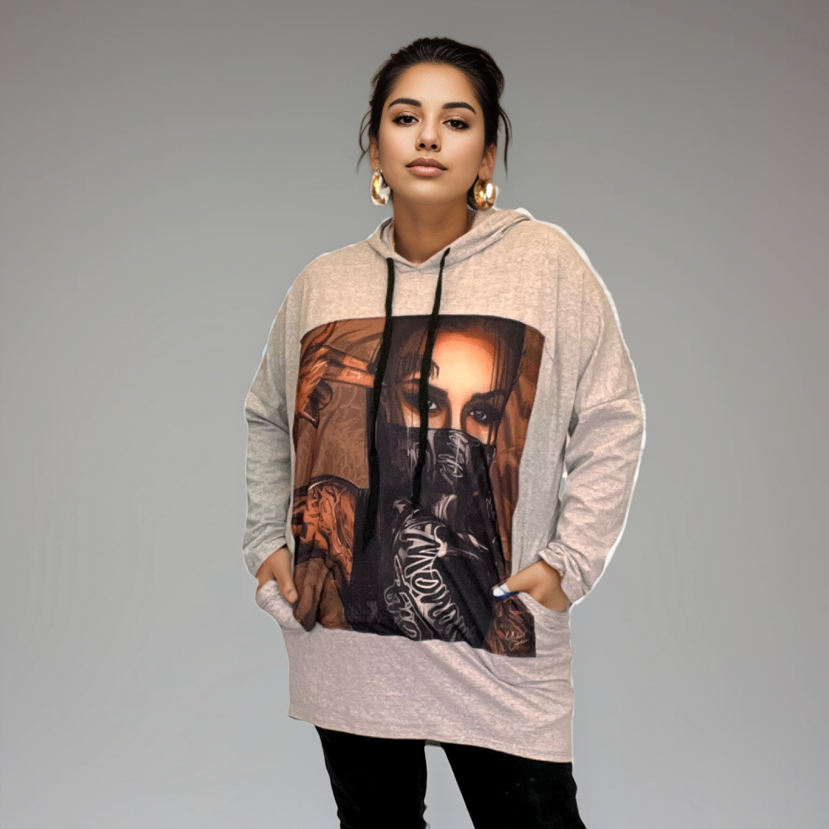 ROCKTHOSECURVES GREY BANDANA FACE PRINT POCKET SIDE HOODIE