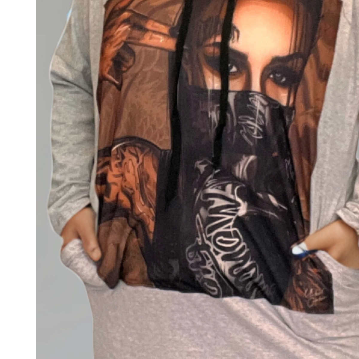 ROCKTHOSECURVES GREY BANDANA FACE PRINT POCKET SIDE HOODY