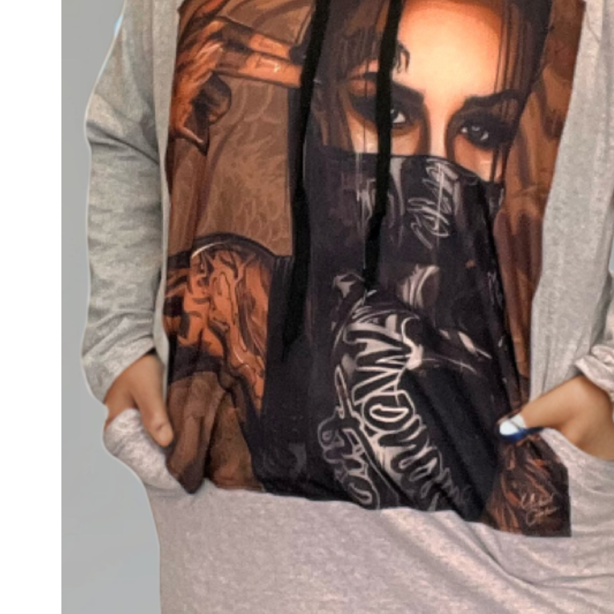 ROCKTHOSECURVES GREY BANDANA FACE PRINT POCKET SIDE HOODIE