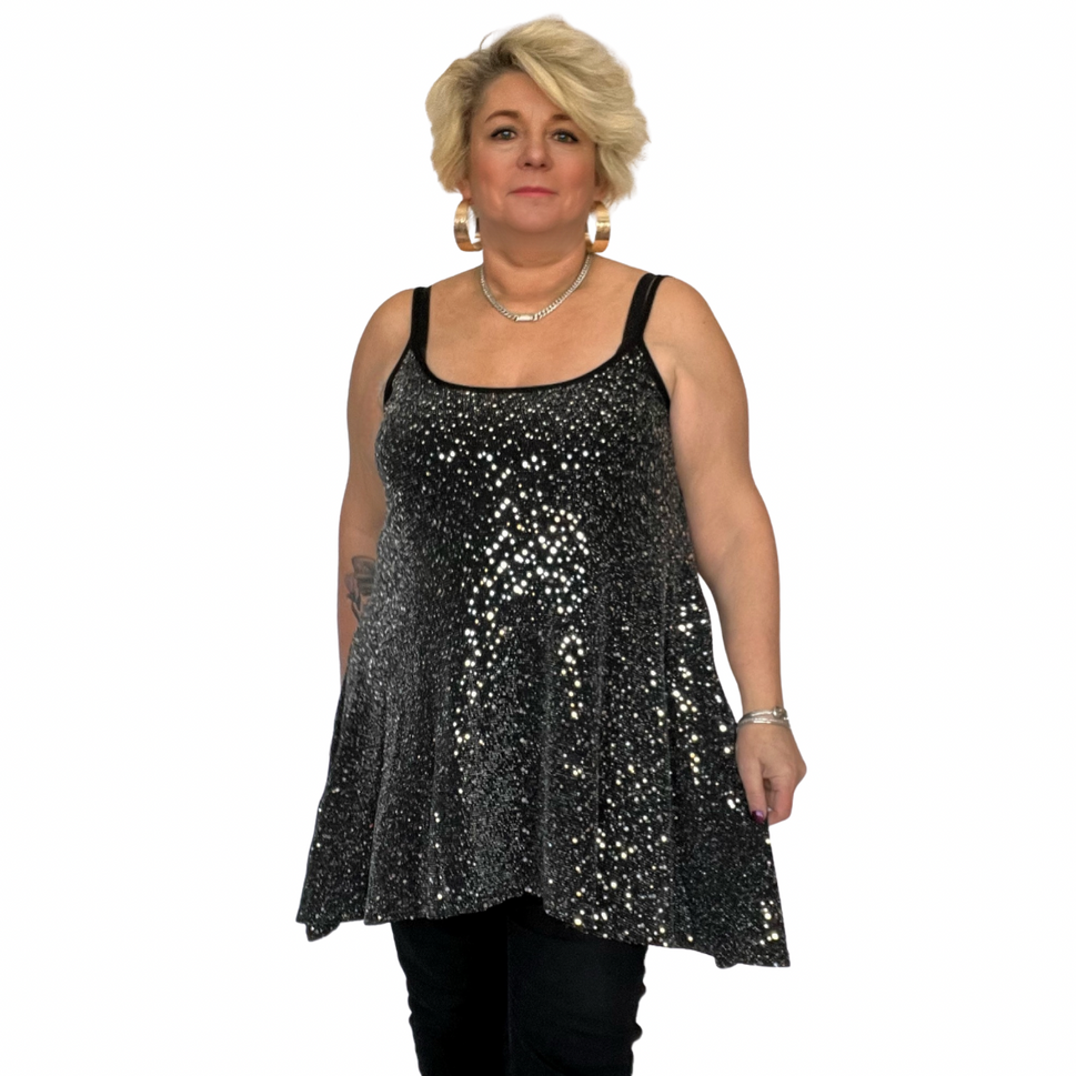 ROCKTHOSECURVES SEQUIN STRAPPY LONG LENGTH SWING TOP PARTY STYLEBLACK SILVER / UK 12-14