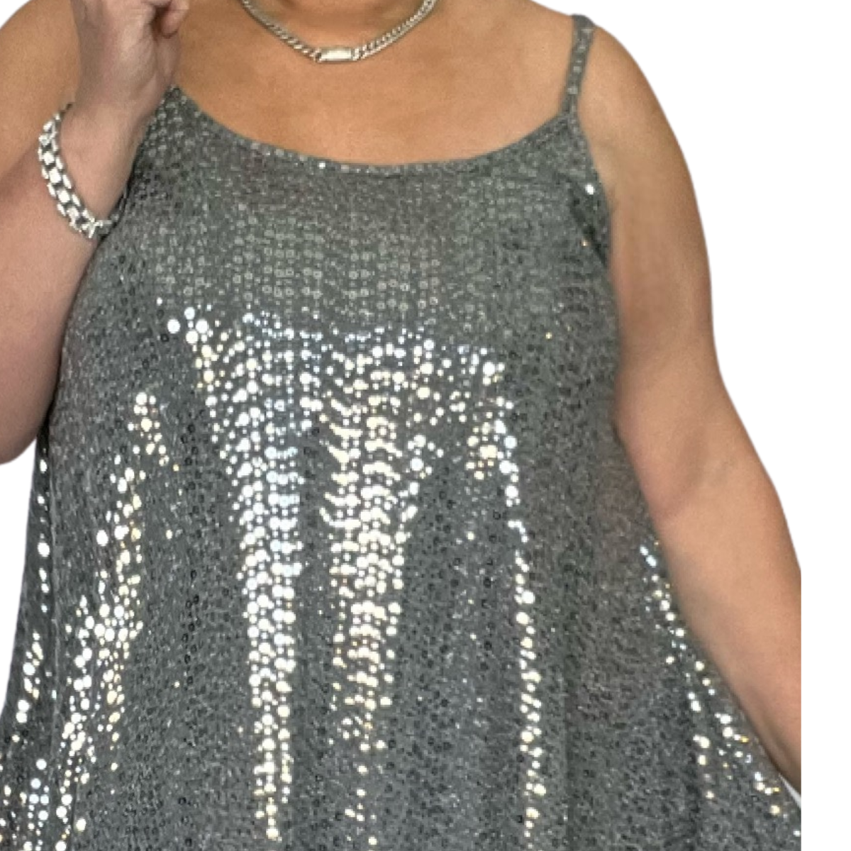 SILVER SEQUIN STRAPPY LONG LENGTH SWING TOP PARTY STYLE