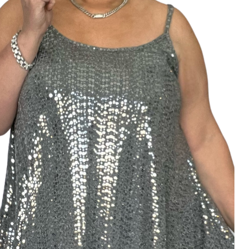 Silver Sequin Strappy Long Length Swing Top