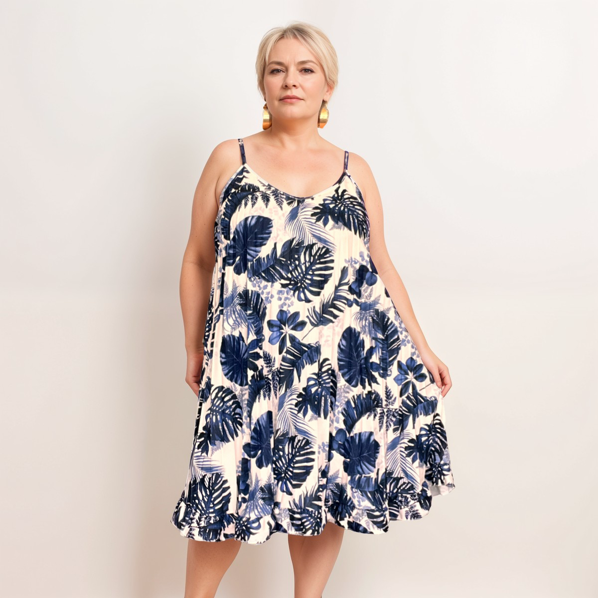 ROCKTHOSECURVES PLEATED A LINE STRAPPY LEAF PRINT DRESS