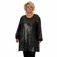 BLACK CHIFFON SLEEVE LONG TOP WITH GOLD FOIL SEQUINS