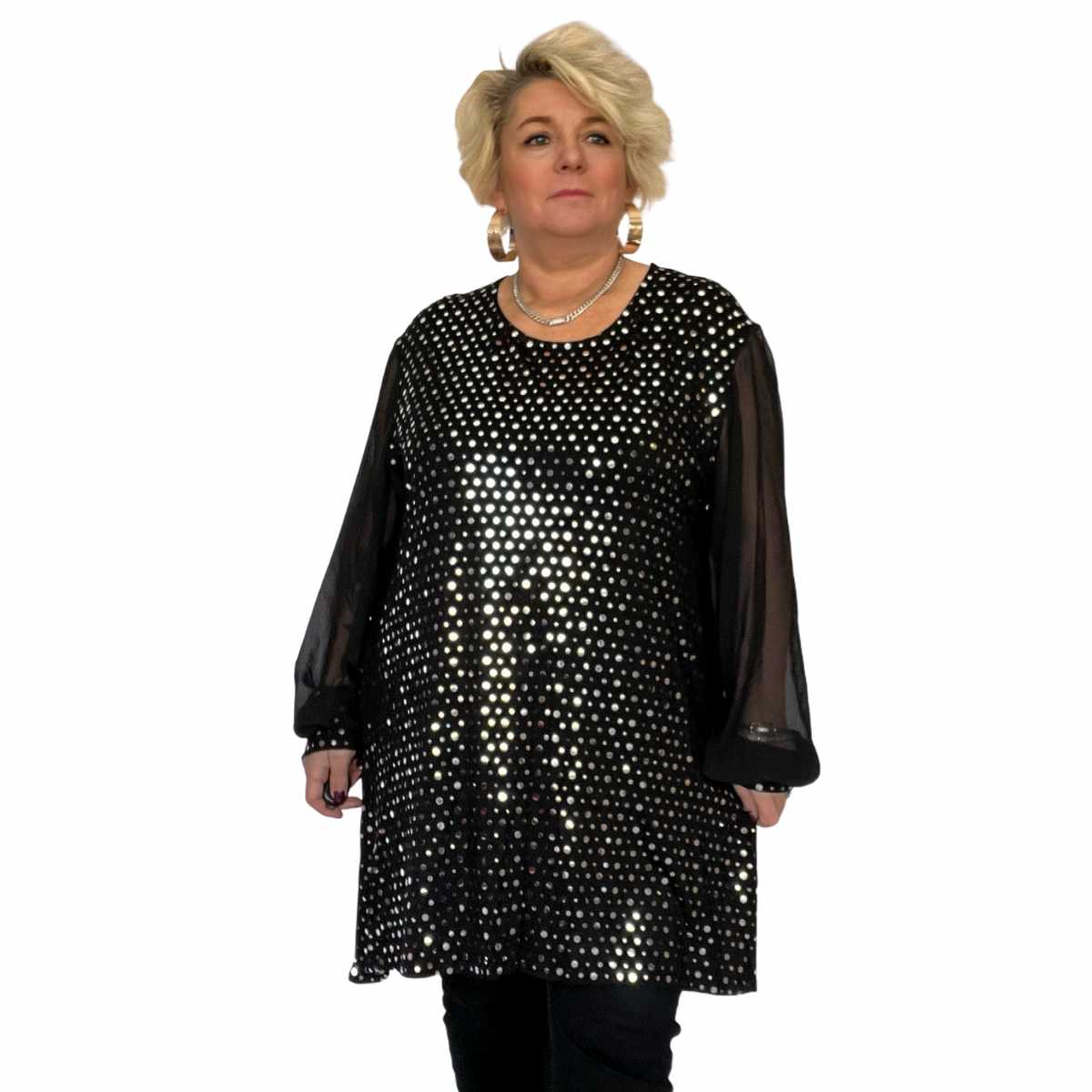 ROCKTHOSECURVES BLACK CHIFFON SLEEVE LONG TOP WITH GOLD FOIL SEQUINS