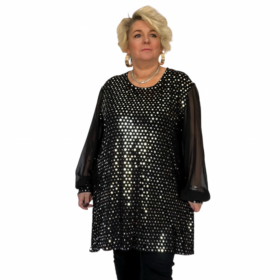 ROCKTHOSECURVES BLACK CHIFFON SLEEVE LONG TOP WITH GOLD FOIL SEQUINSBLACK SILVER / UK 16