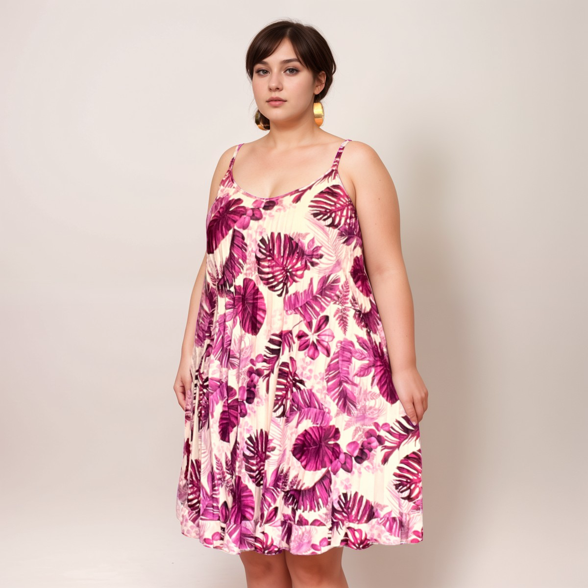 ROCKTHOSECURVES PLEATED A LINE STRAPPY LEAF PRINT DRESS