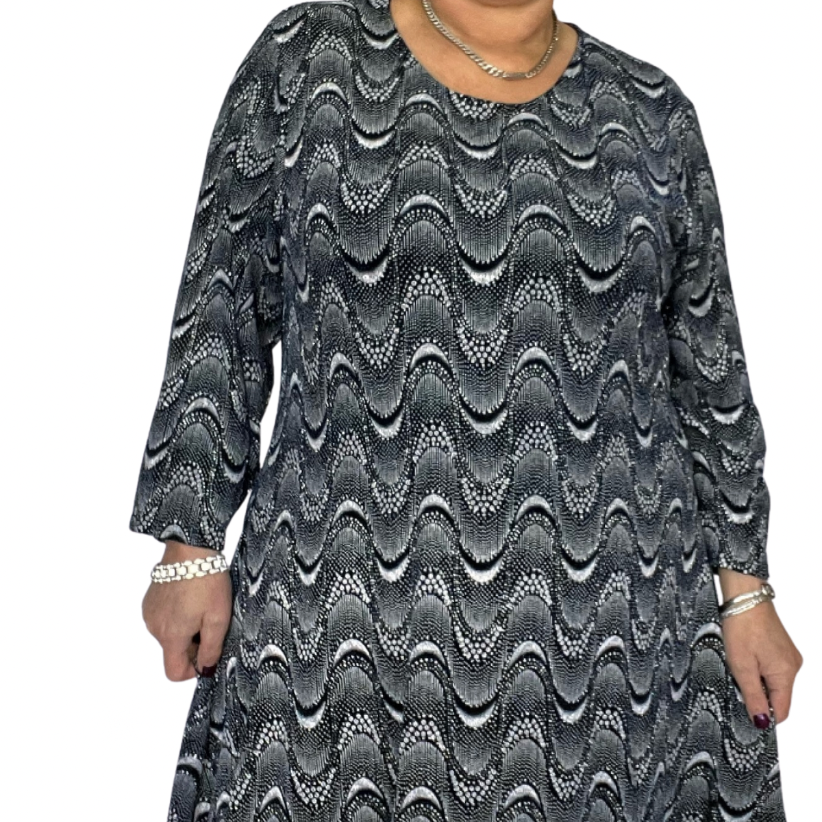 NAVY SPARKLY SWIRL PATTERN LONG SLEEVE PARTY SWING DRESS