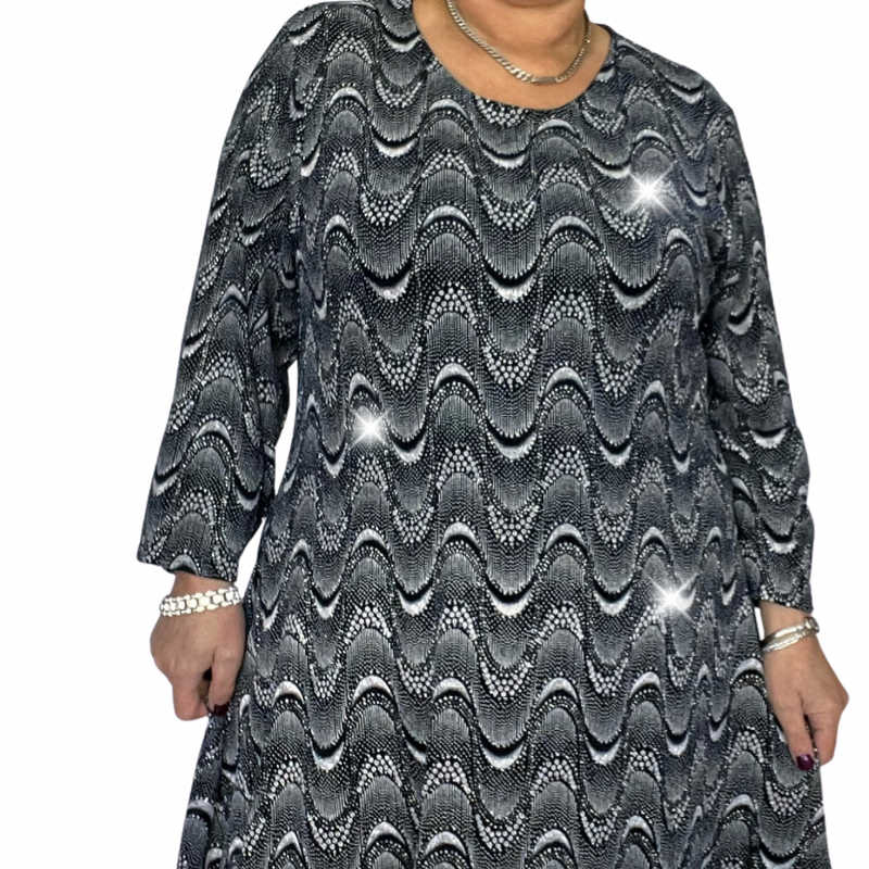NAVY SPARKLY SWIRL PATTERN LONG SLEEVE PARTY SWING DRESS
