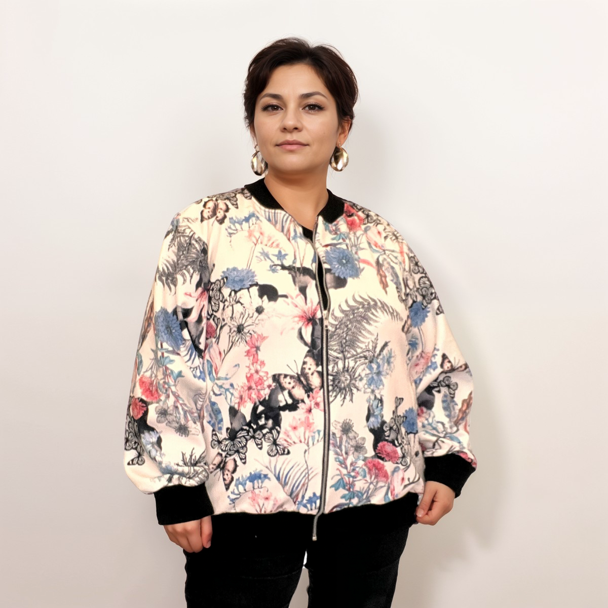 ROCKTHOSECURVES WHITE MULTI BUTTERFLY BOMBER JACKET