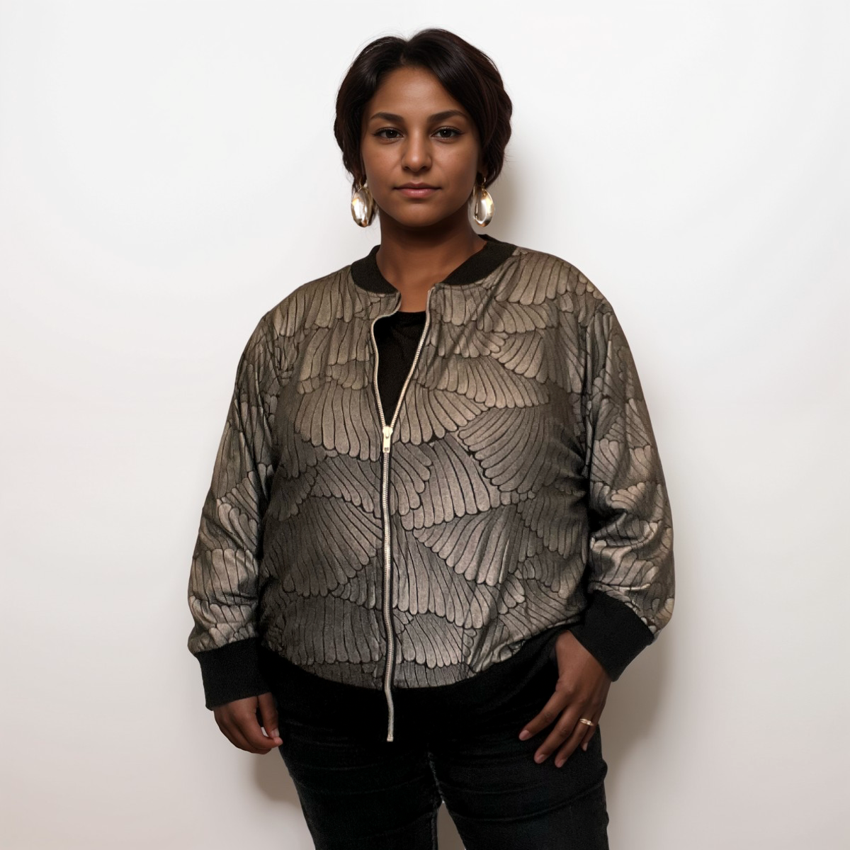 ROCKTHOSECURVES PEWTER SHELL PRINT ZIP UP BOMBER JACKET