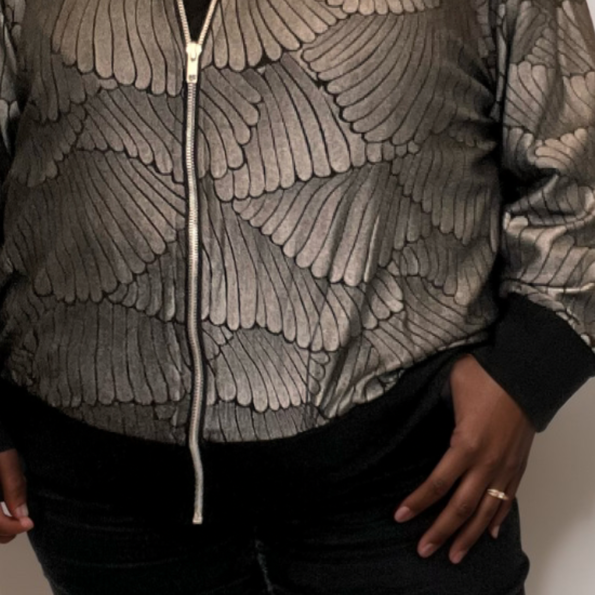 ROCKTHOSECURVES PEWTER SHELL PRINT ZIP UP BOMBER JACKET