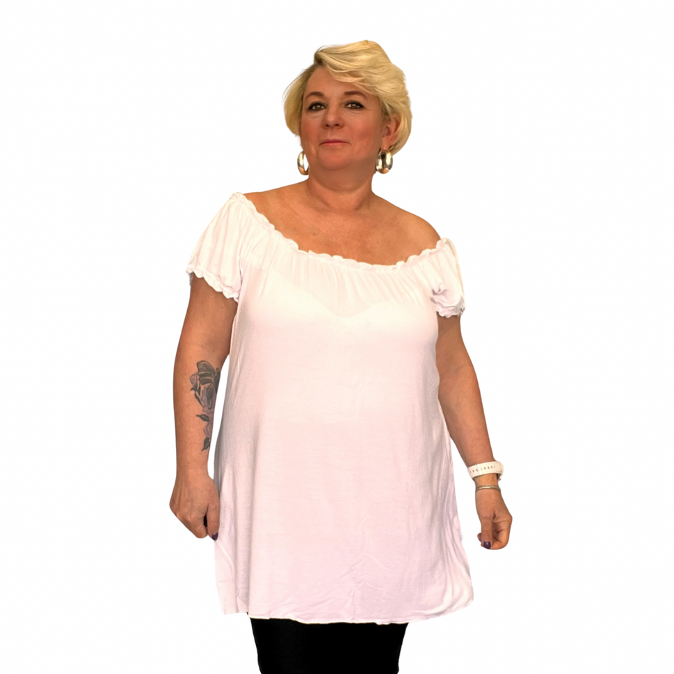 LONG OFF SHOULDER SHORT SLEEVE TOP / T-SHIRTWhite / UK 14