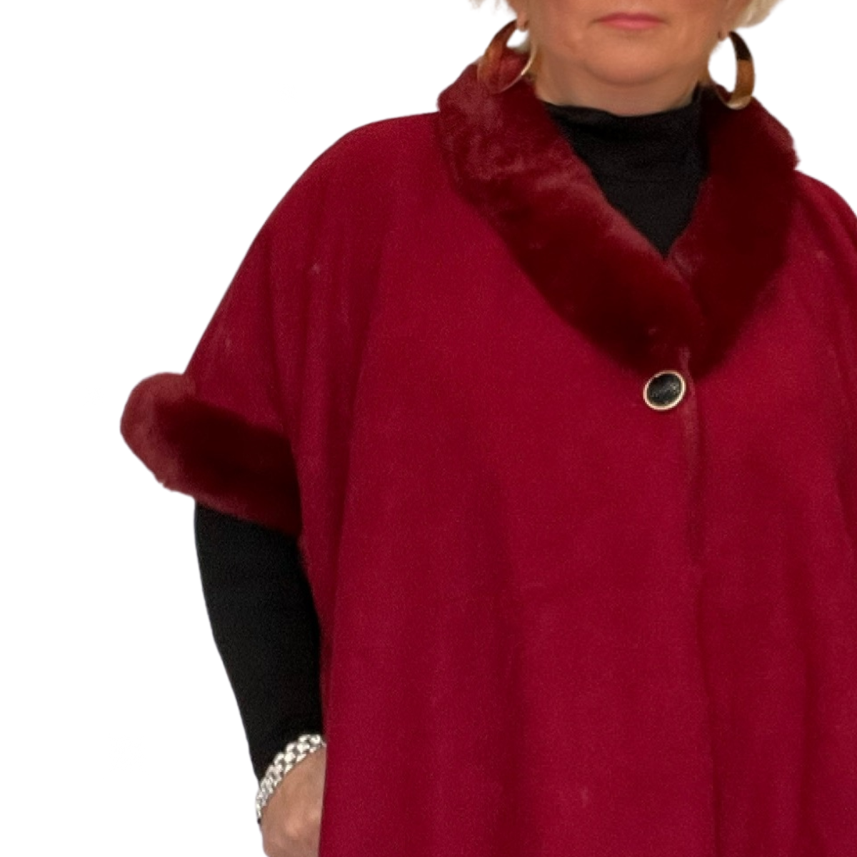 FAUX WOOL FLEECE PONCHO / CAPE WITH FAUX FUR COLLAR